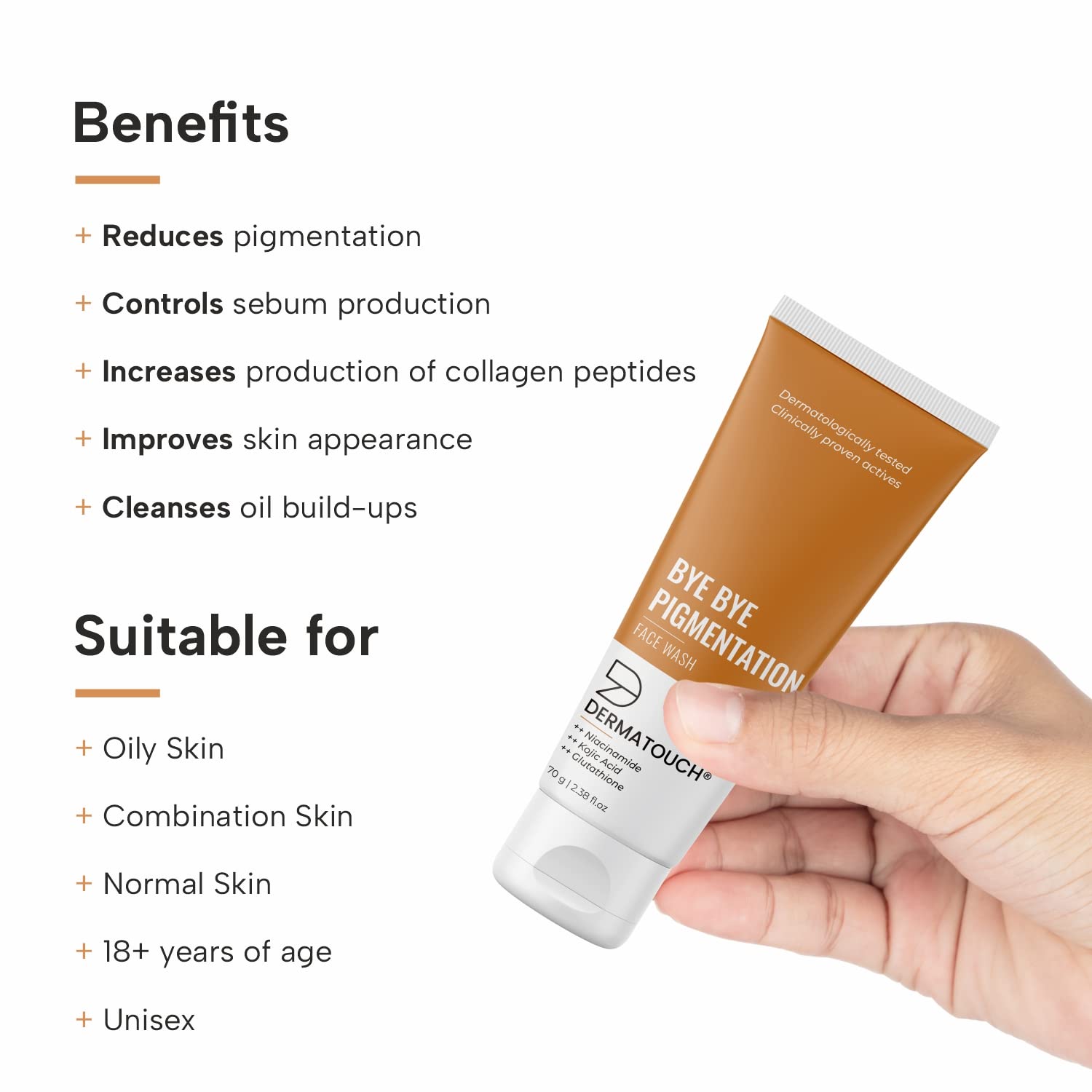 DERMATOUCH Bye Bye Pigmentation Face Wash || Anti Pigmentation for Women/Men with Niacinamide, Kojic Acid, & Glutathione - 70G