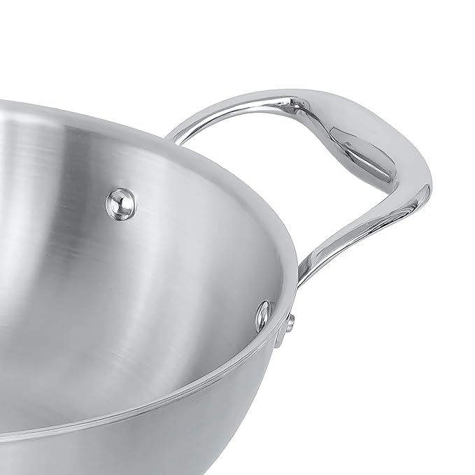 Femora Stainless Steel Tri-ply Healthy Cooking Induction Safe, Stain Resistant, Zero Coating Deep Frying Kadhai Pan | Silver | 2 Litres | 22cm