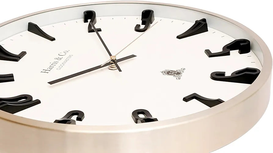 Harris & Co. Clockmasters Silent Sweep Noiseless Technology Analog Wall Clock With Black 3d Numbers Champagne Gold