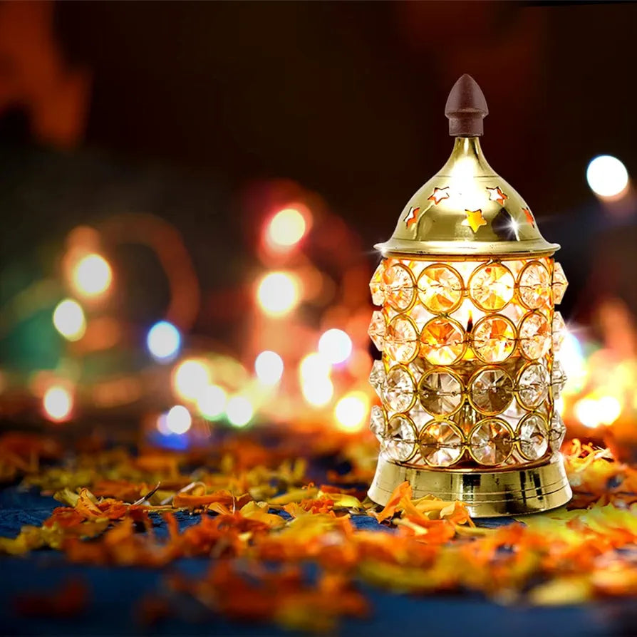 Shubhkart Nitya Crystal Deep Small Decorative Brass Crystal Oil Lamp Lantern Deep Jyot Diwali Tea Light Holder 180Gm
