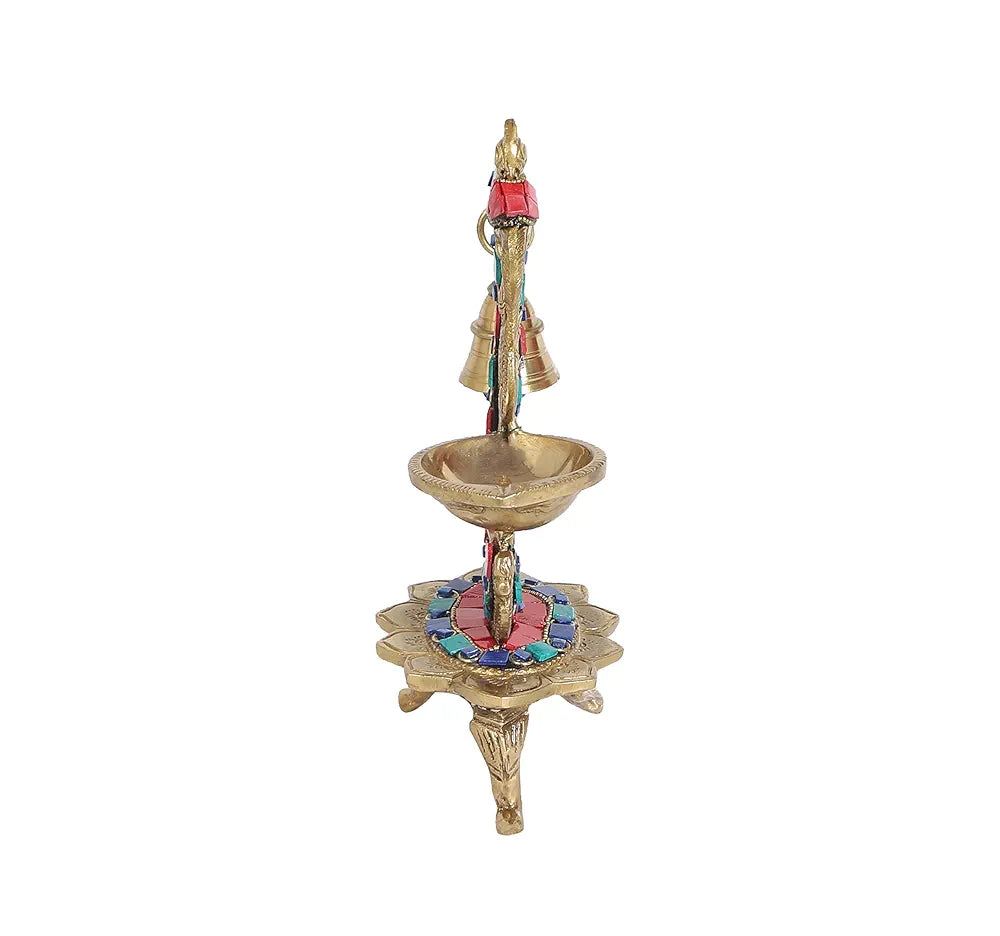 Two Moustaches Gemstone Work Ethnic Carved Peacock Design Brass Diya with Bell