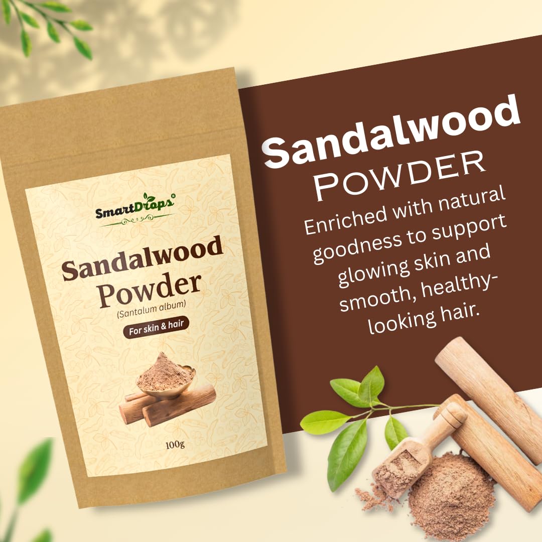 Smartdrops Sandalwood Powder for Hair and Skin Face Pack Hair Mask Mixing Powder for DIY Beauty and Scalp Care Routine | Sandalwood Powder Face Pack for Glowing Skin & Tan Removal | 100g (Pack-1)