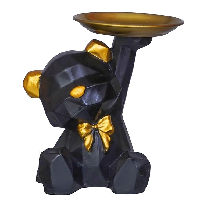 Ecraftindia Geometric Black Sitting Teddy Bear Statue Holding Tray Decorative Showpiece for Home