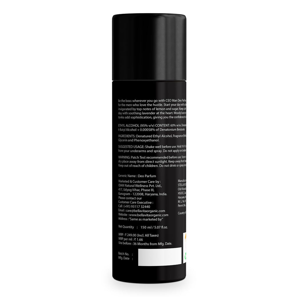 Bella Vita CEO Man Body Perfume 150ml | Premium No Gas Deo for Men | Deodorants Man | Long Lasting Office Fragrance with Tonka, Agarwood & Sophisticated Masculine Notes