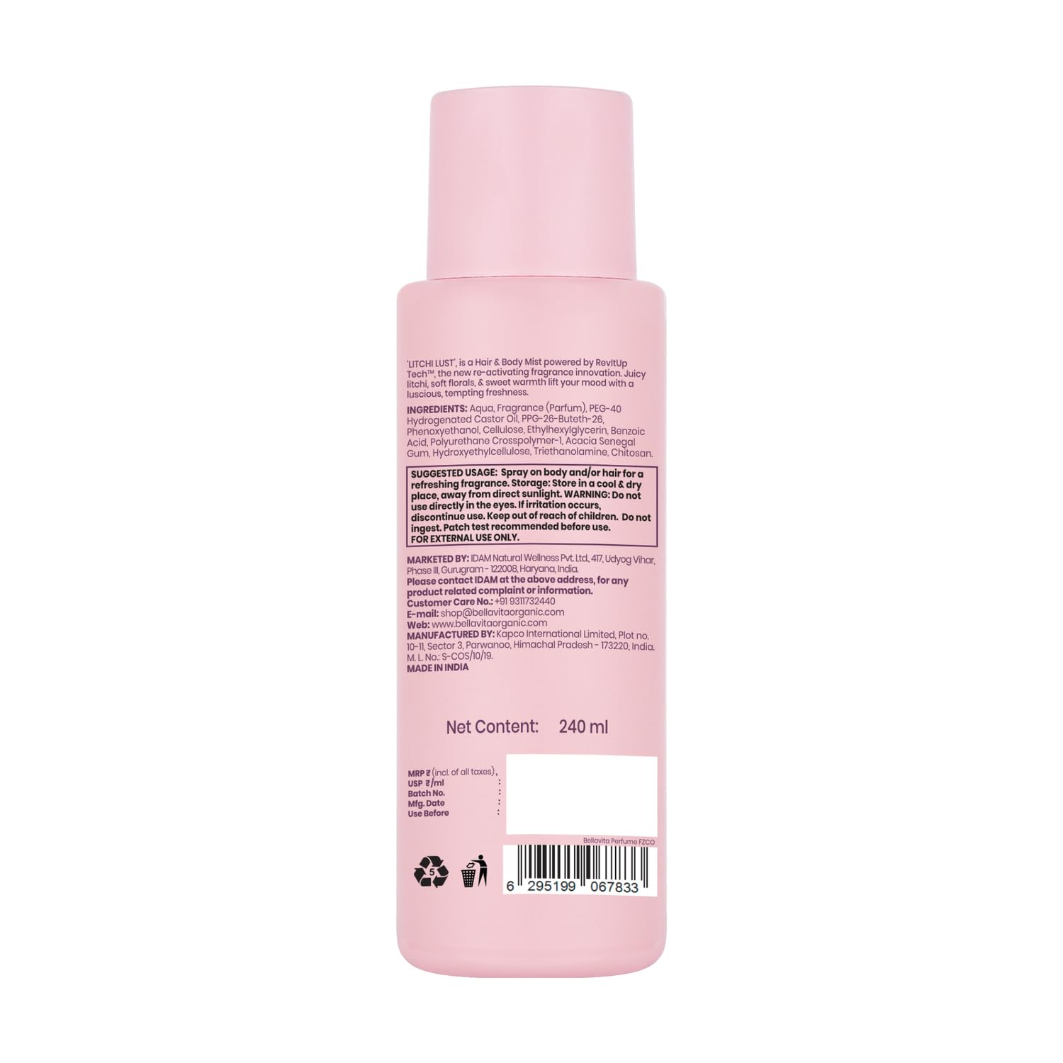 Bellavita Litchi Lust | 2 in 1 Hair and Body Mist | 240ml | Long Lasting Premium Body Mist for Woman, Girl | Water based formulation