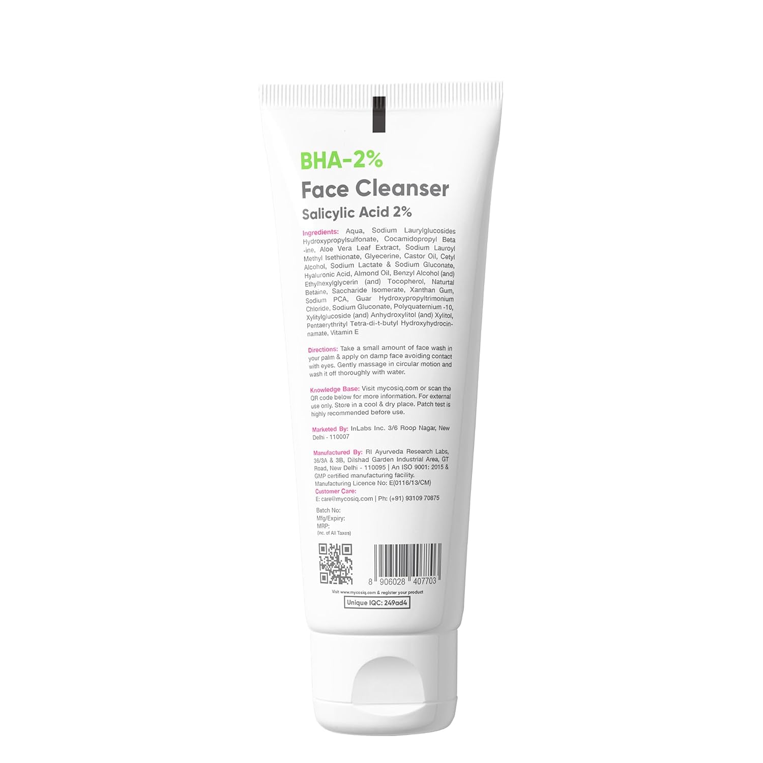 Cos-IQ 2% Salicylic Acid Face Wash for Oily Skin | with Hyaluronic Acid & Vitamin E | Anti-Acne Exfoliating Cleanser For Skin Hydrating | Non-Comedogenic, Fragrance-Free | For Men & Women | 100 ml