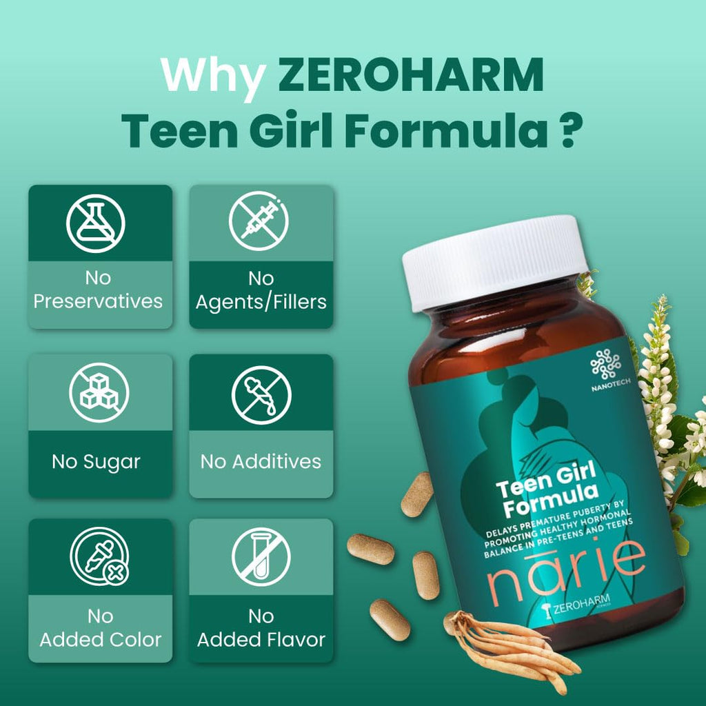 ZEROHARM Narie Teen Girl Formula | Shatavari, Ashwagandha & Chaste Berry Extract | Supports Puberty, Regular Cycles, Hormone Balance, Mood Swings, and Period Cramps for Women & Girls | 60 Tablets