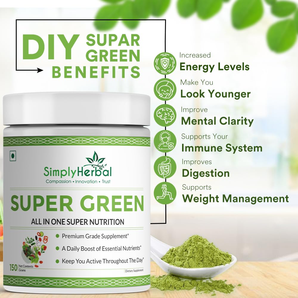 Simply Herbal Super Greens & Herbs Mix â€“ Detox & Digestive Support with Spirulina, Amla, Chlorella & Antioxidants â€“ 150g