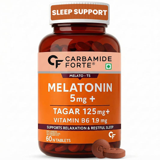 Carbamide Forte Melatonin 5mg Sleep Tablets â€“ Sleeping Pills with 125mg Tagar & Vitamin B6 for Deep Sleep, Restful Nights, and Effective Sleep Dose | for Women & Men â€“ 60 Veg Tablets