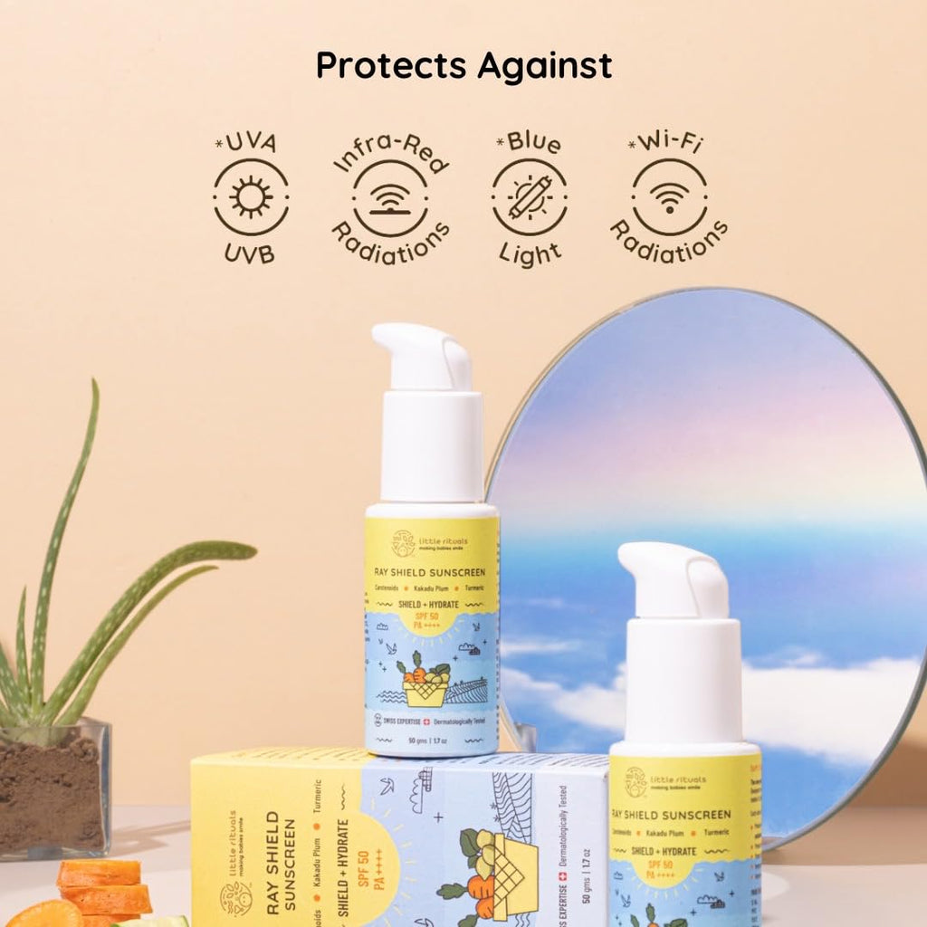 Little Rituals Baby Sunscreen for Kids 0-15 Yrs SPF 50 PA++++ Organic & Natural Lotion, UVA UVB IR, Blue Light, Wifi Radiation, Protection, Hypoallergenic, SWISS Tech, Daily Use Sunblock - 50gm