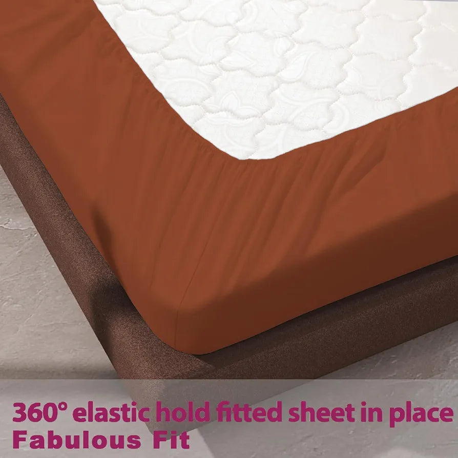 Trance Home Linen 100% Cotton 78 x 60 inch Queen Elastic Fitted Bedsheet 400TC Premium Queen Double Bed Size with 2 Pillow Covers Colour Burnt Orange