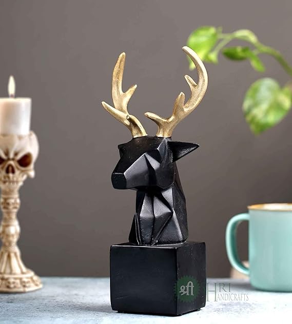 Indicast 8" Inch Resin Statue Deer Head, Geometric Animal Head Sculpture on Base | Black