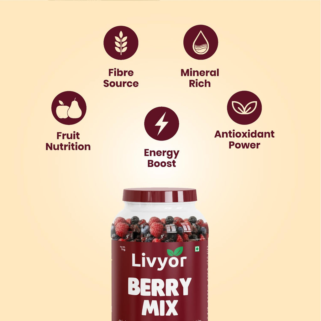 Livyor 5 in 1 Berry Mix for eating - 1kg | Good Source of Fibre | Dried Cranberries | Black Raisins | Cherries | Blueberries | Strawberries | Berry Blast | Berries dry fruits | Berries fresh | Pack of 1