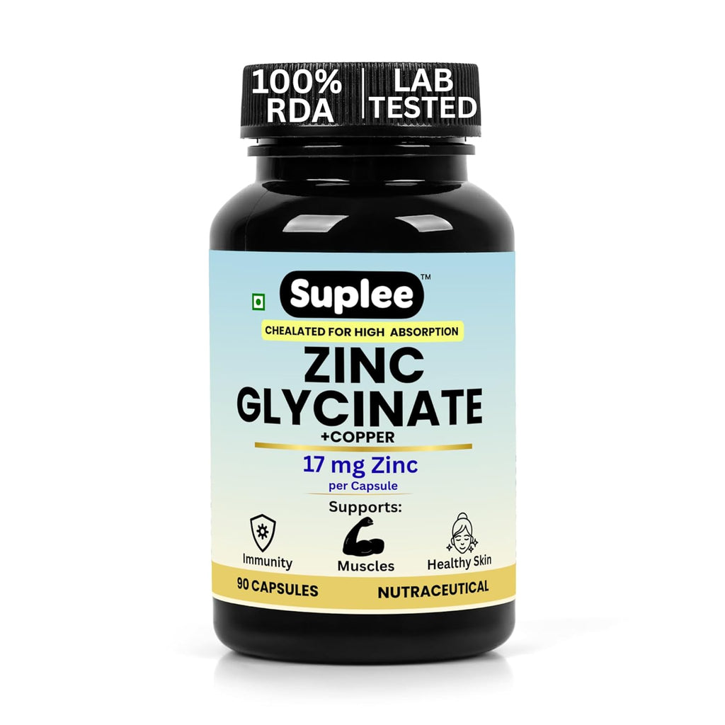 Suplee Zinc Glycinate with Copper Supplement | 17mg Zinc & 1.7mg Copper | High Absorption Chelated Formula for Immunity, Skin & Muscle Health | 90 Veg Capsules (Lab Tested)