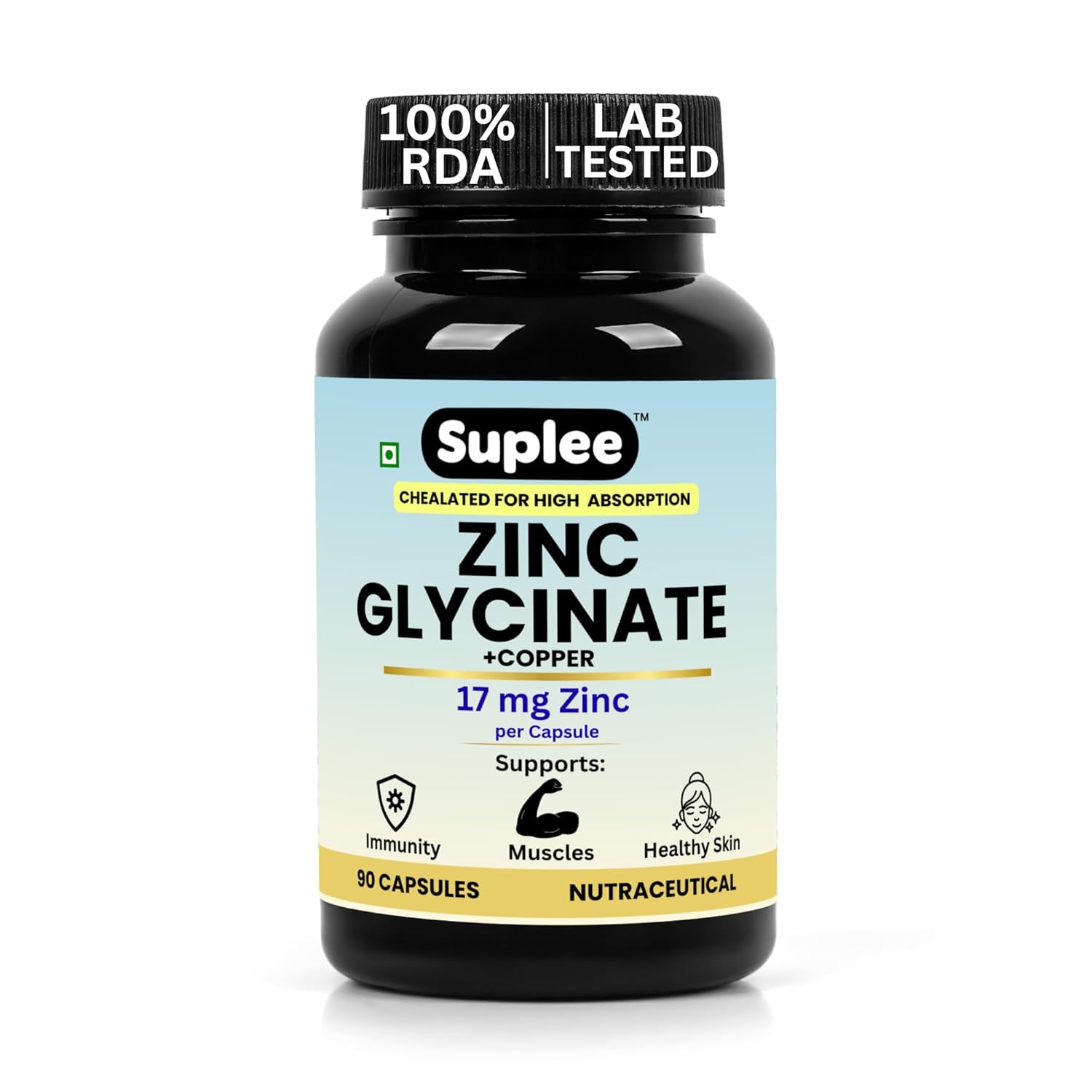 Suplee Zinc Glycinate with Copper Supplement | 17mg Zinc & 1.7mg Copper | High Absorption Chelated Formula for Immunity, Skin & Muscle Health | 90 Veg Capsules (Lab Tested)