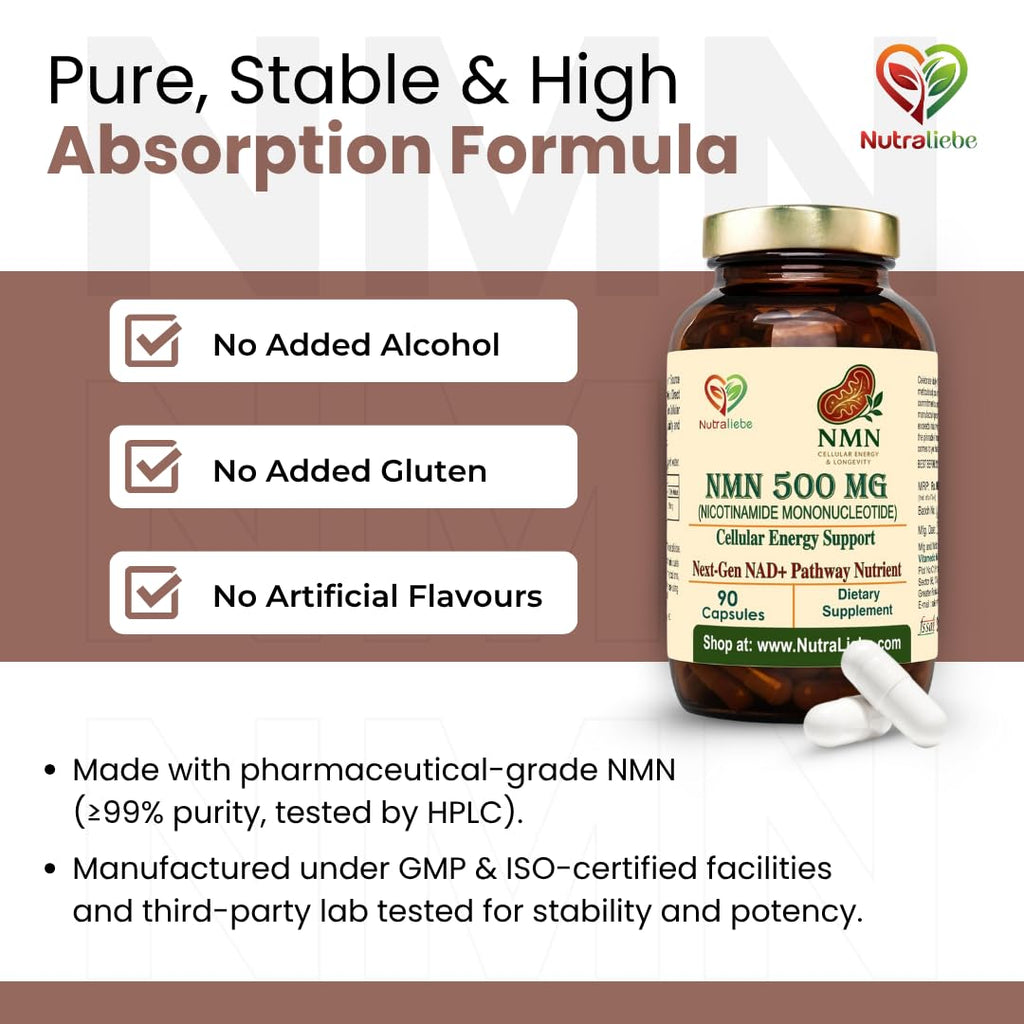 Nutraliebe NMN (Î²-Nicotinamide Mononucleotide) 500 mg â€“ NAD+ Precursor for Cellular Energy, Anti-Aging & DNA Repair | Supports Brain, Metabolism & Mitochondrial Health | 90 Veg Capsules | Non-GMO & Gluten-Free