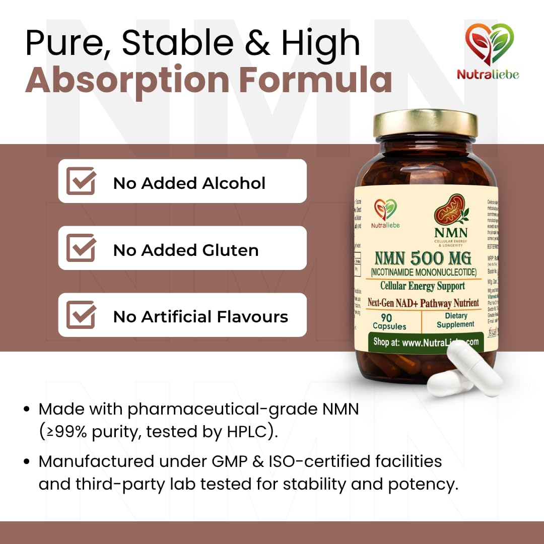 Nutraliebe NMN (Î²-Nicotinamide Mononucleotide) 500 mg â€“ NAD+ Precursor for Cellular Energy, Anti-Aging & DNA Repair | Supports Brain, Metabolism & Mitochondrial Health | 90 Veg Capsules | Non-GMO & Gluten-Free