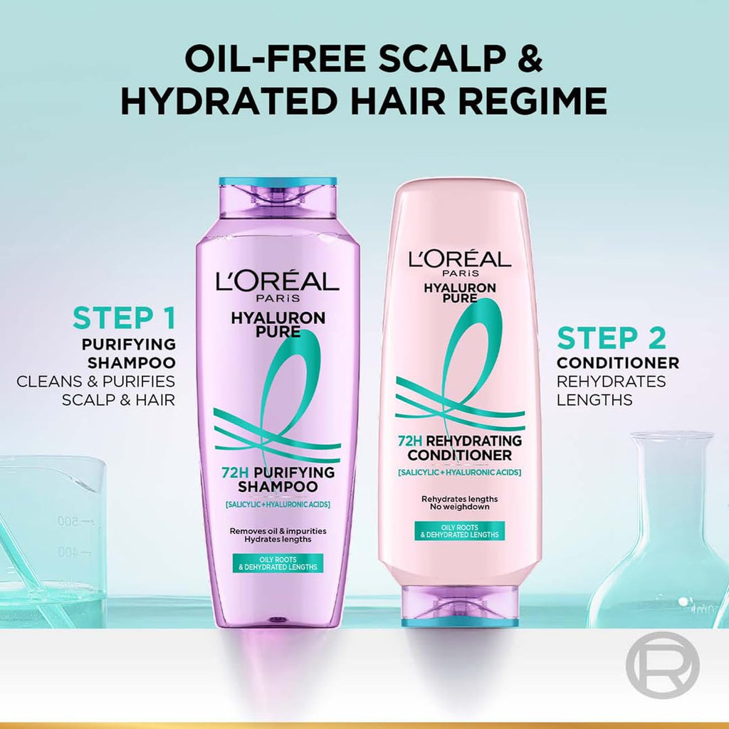 Lâ€™OrÃ©al Paris Hyaluron Pure 72H Purifying Shampoo, For oily scalp & dry hair with salicylic and hyaluronic acid, 200 ml
