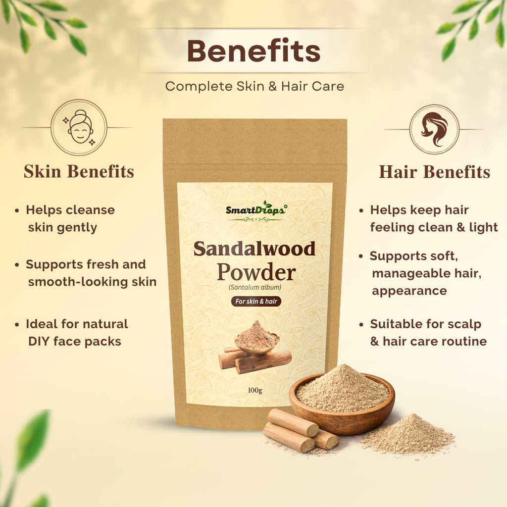 Smartdrops Sandalwood Powder for Hair and Skin Face Pack Hair Mask Mixing Powder for DIY Beauty and Scalp Care Routine | Sandalwood Powder Face Pack for Glowing Skin & Tan Removal | 100g (Pack-1)