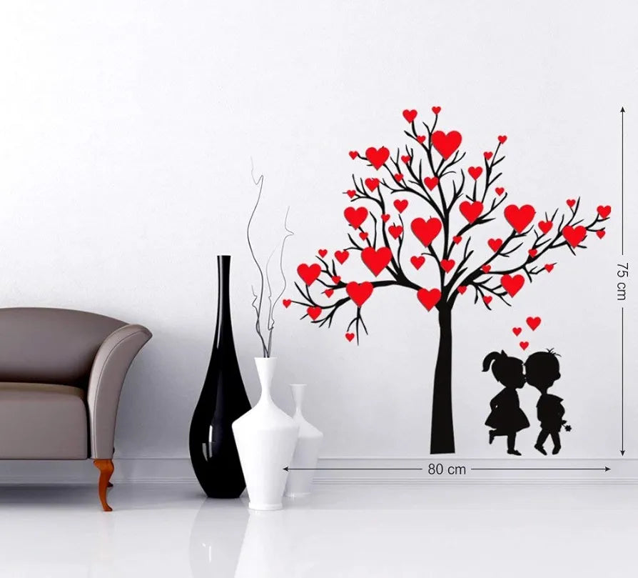 Decals Design Heart Shaped Leaves with Loving Couple Wall Sticker Multicolour