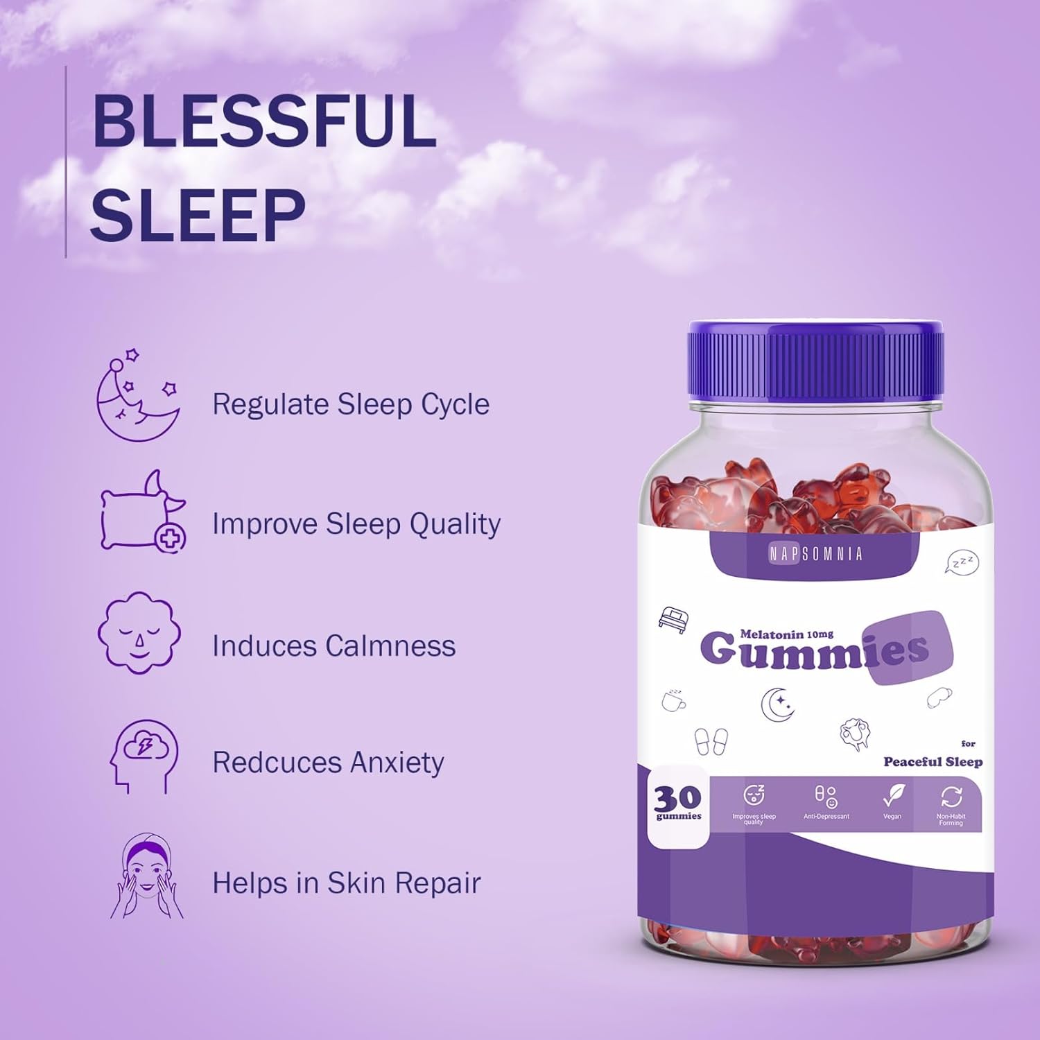 NAPSOMNIA Sleep Melatonin Gummies 10mg - Fall Asleep Fast & Wake Up Regenerated Gummies, Non-Addictive and No Next-Day Drowsiness, Black Current Flavor Sleeping Gummies for Deep Sleep (30 Count)