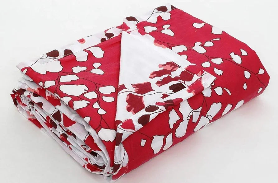 Trance Home Linen Pure Cotton Reversible Dohar Toddler Size Cotton Ac Quilt for Babies Colour Red White Leaves