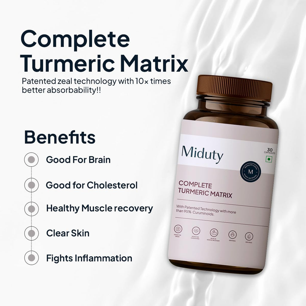 Miduty by Palak Notes Complete Turmeric Matrix Curcumin Capsules For Relieving Muscle Pain - Lower Cholesterol - Anti-inflammatory - Increase memory power - Skin Health - 30 Capsules