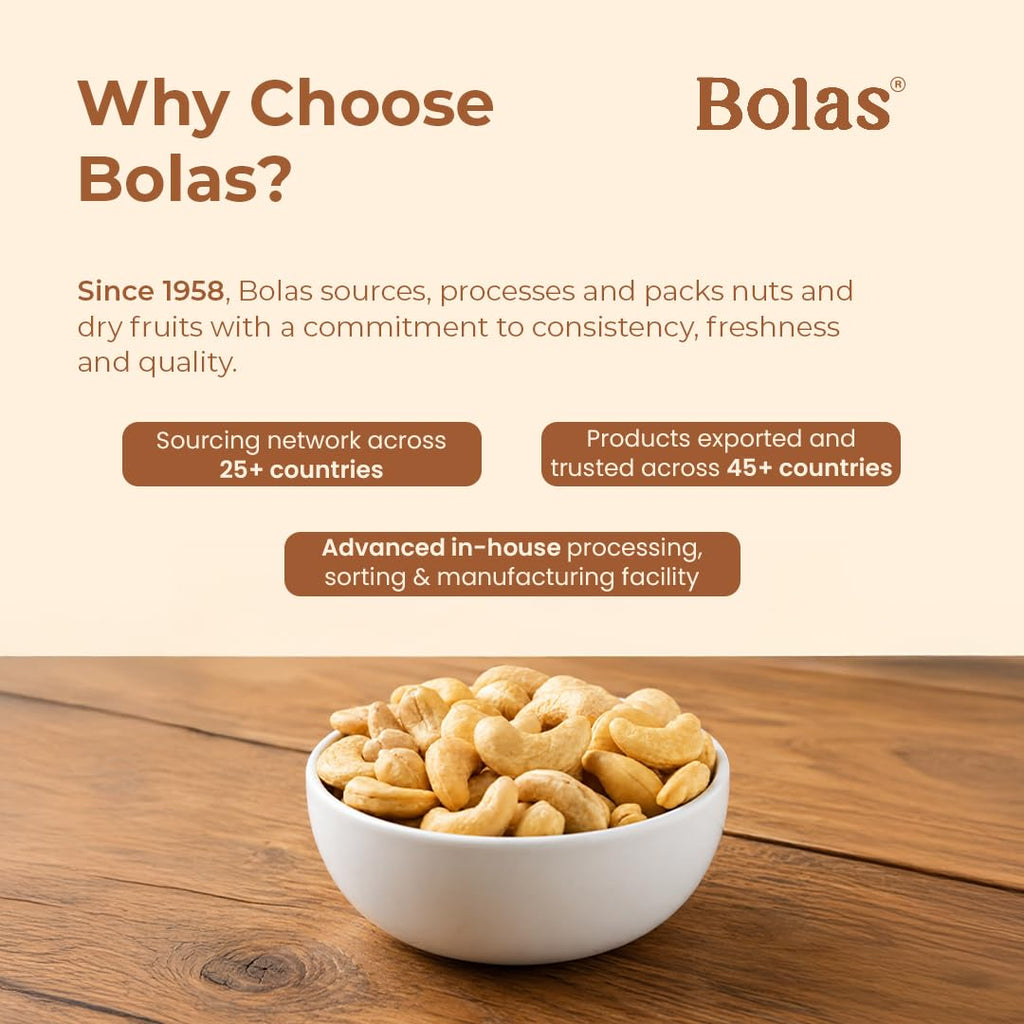 Bolas Whole Cashew Nuts 250g | Kaju Grade W320 | Nutritious & Delicious | Rich in Protein, Magnesium & Phosphorus | Gluten Free | Dry Fruits