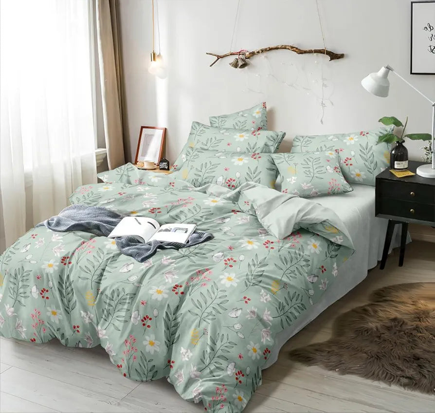 The Home Style Cotton Feel Glace Cotton Elastic Fitted Printed Double Bed King Size Bedsheet With 2 Pillow Cover,300 TC,Green Pastel Hydrangea Bloom