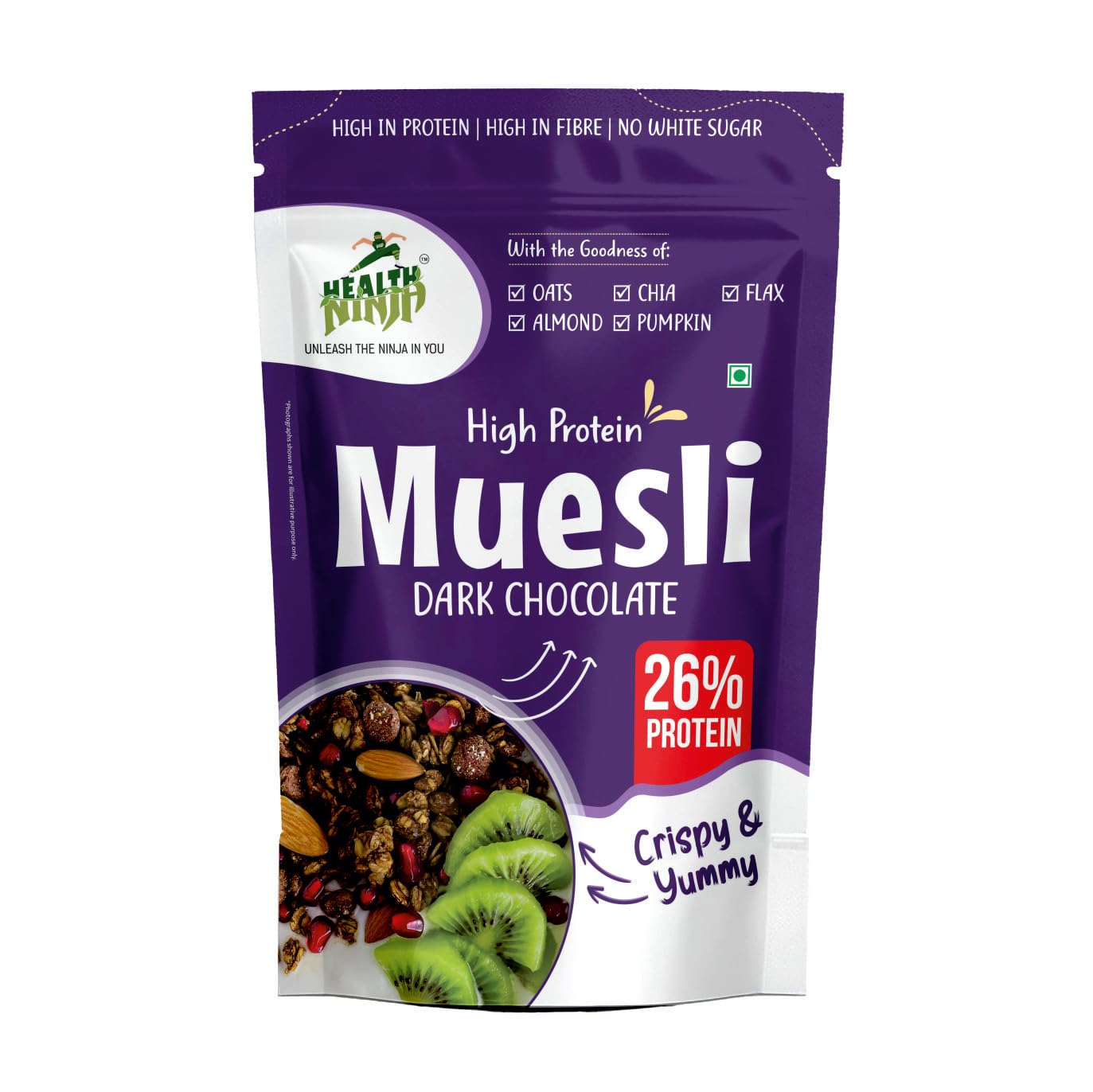 Health Ninja Dark Chocolate Muesli, 900 gms | High Protein Breakfast Cereal | Oats, Almonds, Chia, Flax & Pumpkin Seeds
