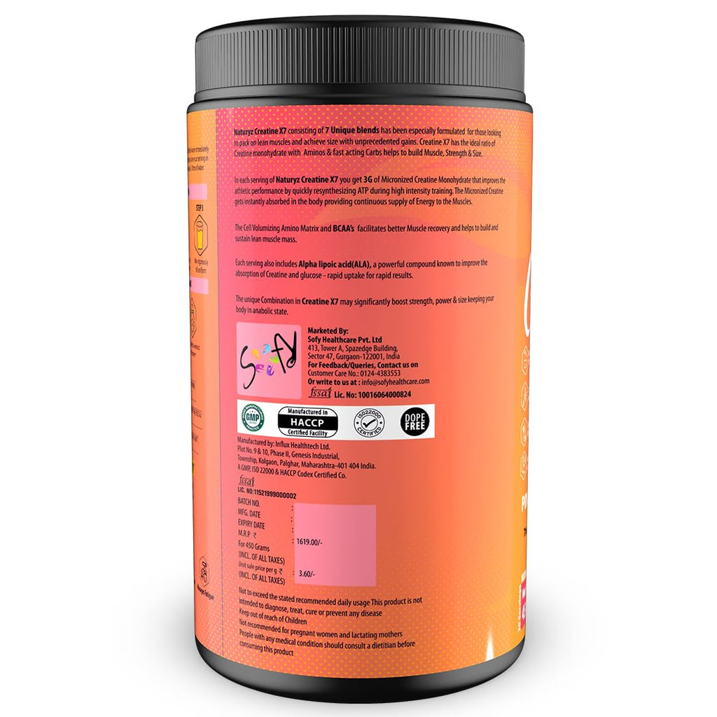 NATURYZ Creatine X7 Pure Micronized Creatine Monohydrate Post Workout drink | Rapid Absorption with Aminos | BCAA | ATP Transport Matrix | Muscle Growth & Strength | Power of 7 Blends | Muscle Builder- 450g(Mango Orange)