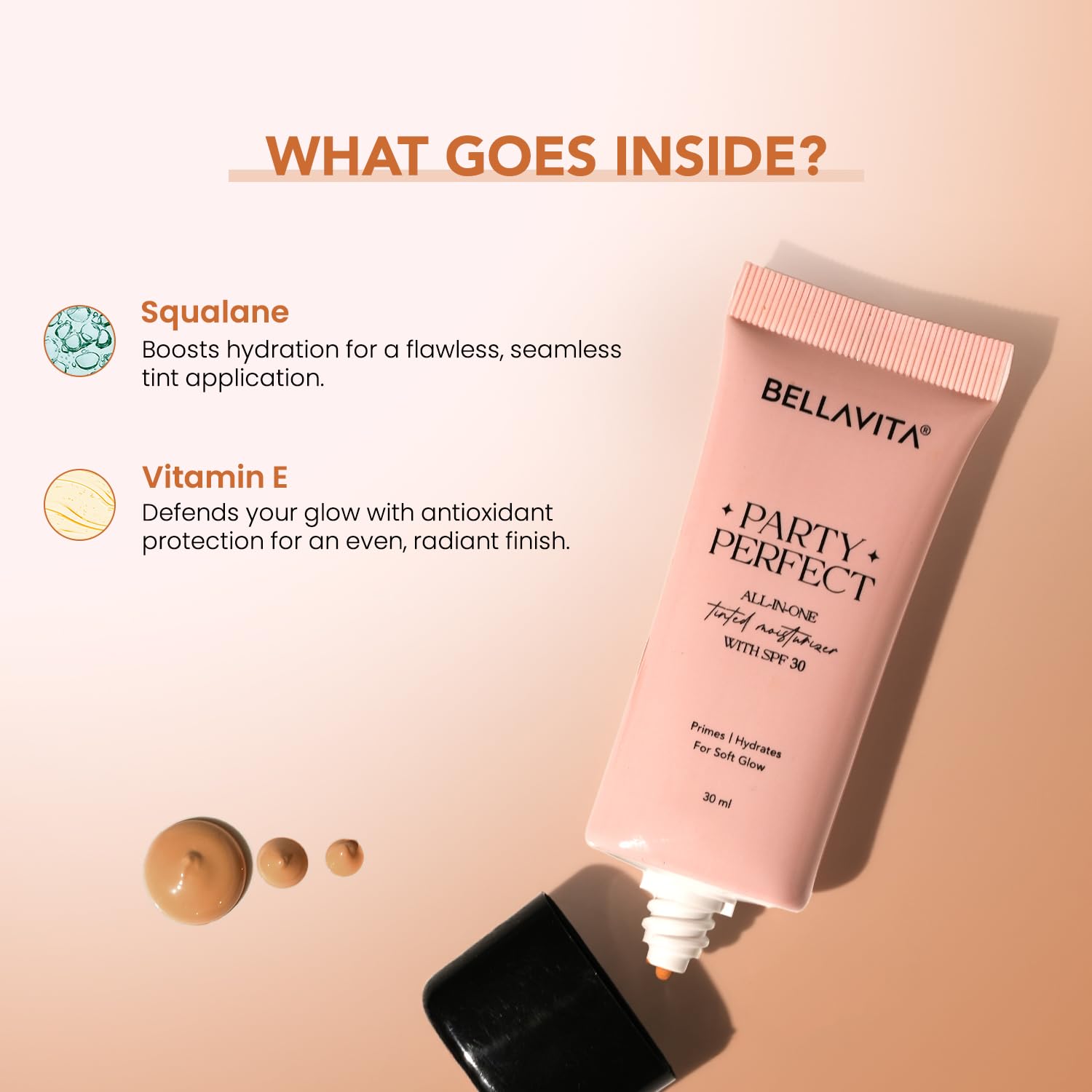 BELLAVITA Party Perfect All-in-one Tinted Moisturizer with SPF 30 | Hydrating Skin Tint, Face Primer & Sunscreen | Lightweight Formula with Adaptive Tint for Natural, Dewy Glow | 30ml (Medium Shade)