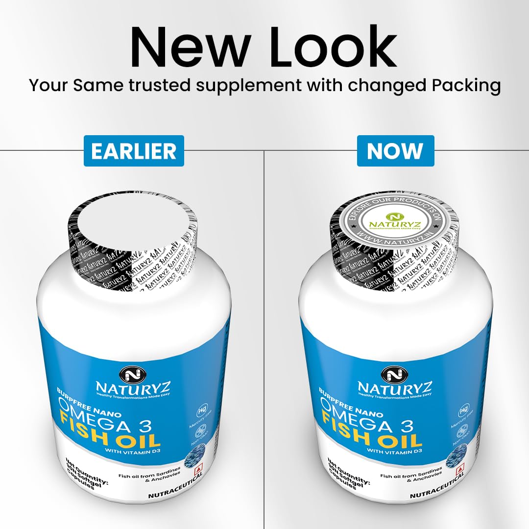 NATURYZ BURPFREE OMEGA 3 Fish Oil 2000 Mg with Vitamin D3 | No Fishy Burps | Extracted from Sardines & Anchovies | EPA & DHA | Nano Emulsion Capsules for faster absorption & superior Bioavailability | Muscle,Skin,Eyes, Heart & Brain Health- 90 Softgels