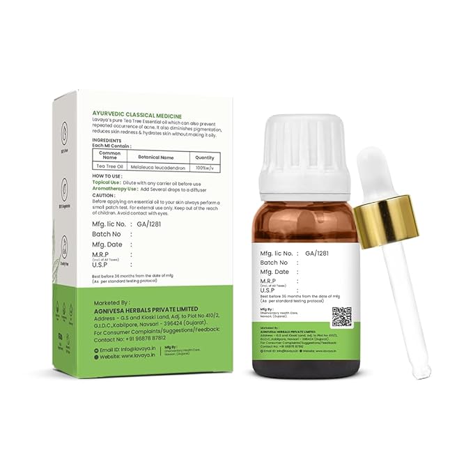 Lavaya Tea Tree Essential Oil Undiluted For Acne Treatment Glowing Skin - 15 ml