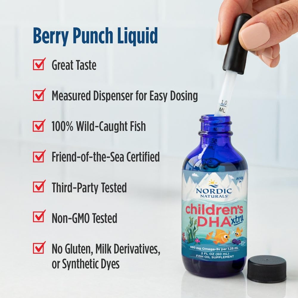 Nordic Naturals Children'S DHA Xtra|880 mg Omega 3 Fish Oil From Arctic Cod Liver Oil|EPA & DHA For Kids Supports Brain Development Kids Ages 1-6 Yrs|Berry Punch Fish Oil (60 ml), 0.14 grams