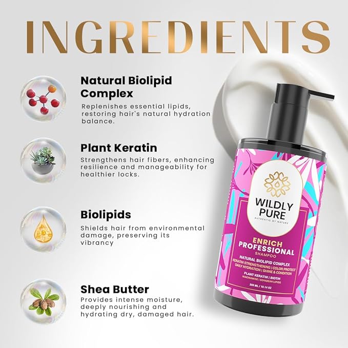 Wildly Pure Professional Keratin Colour Protect Shampoo for 72 Hours Smoothening & Strength Men & Women| 300 Ml | Enrich