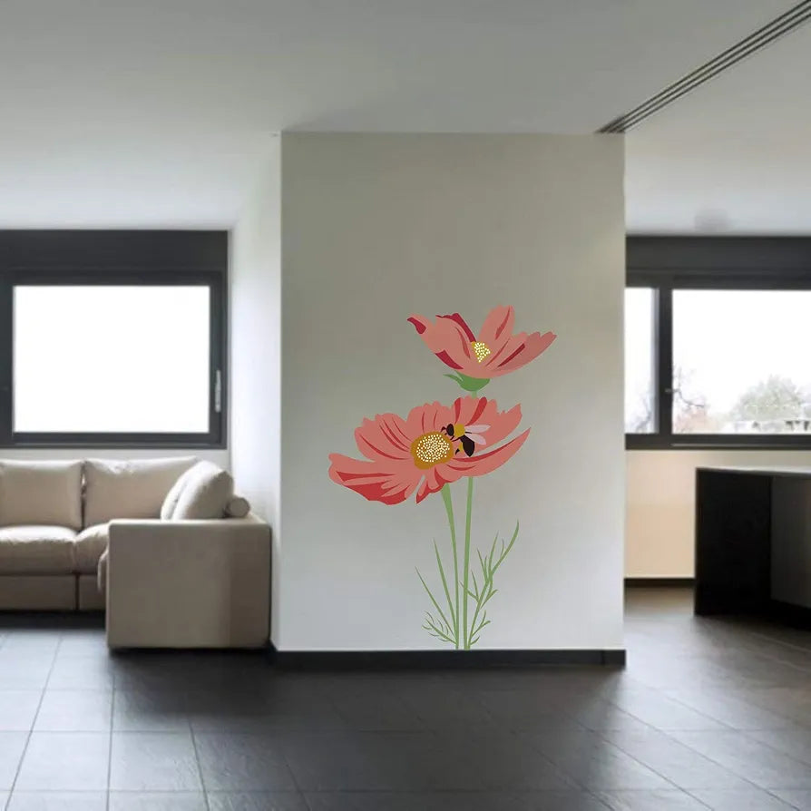 Rawpockets Pvc Vinyl Botanical Honey Bee On Red Flower Wall Reusable Self-Adhesive Sticker