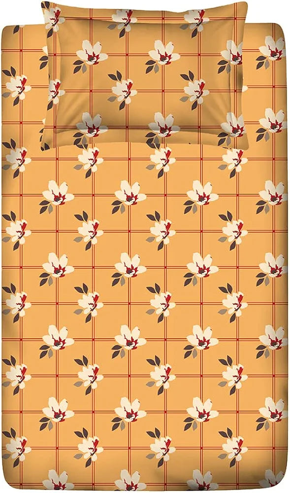 Layers Cotton Bedsheet for Single Bed with 1 Pillow Cover  Light Weight Breathable Moisture Absorbent Yellow, Floral Pattern