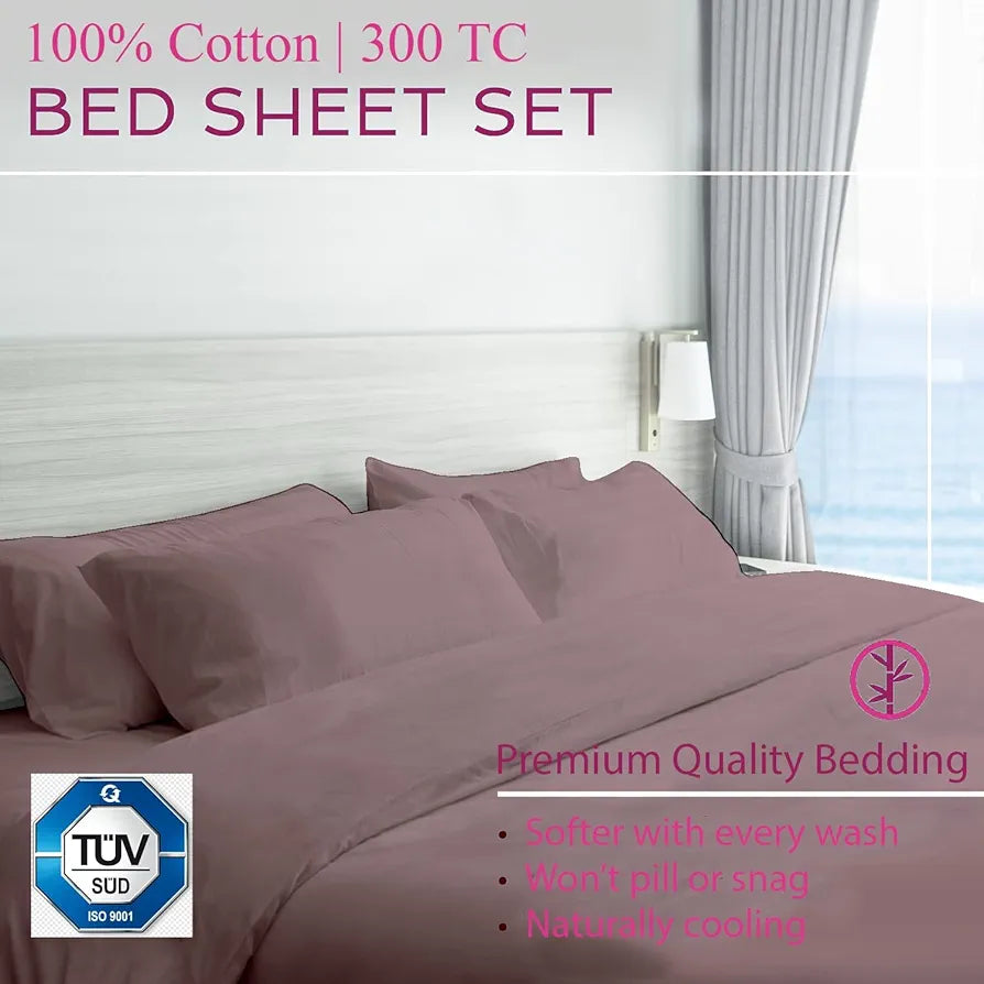Trance Home Linen 300TC Pure 100% Cotton King Fitted Bedsheet with 2 Pillow Covers 78 x 72 inch Colour Cameo Rose
