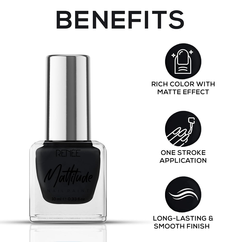 RENEE Mattitude Nail Paint- Feather Black 10ml | Quick Drying, Matte Finish, Long Lasting, Chip resisting Formula with High coverage | Acetone & Paraben Free