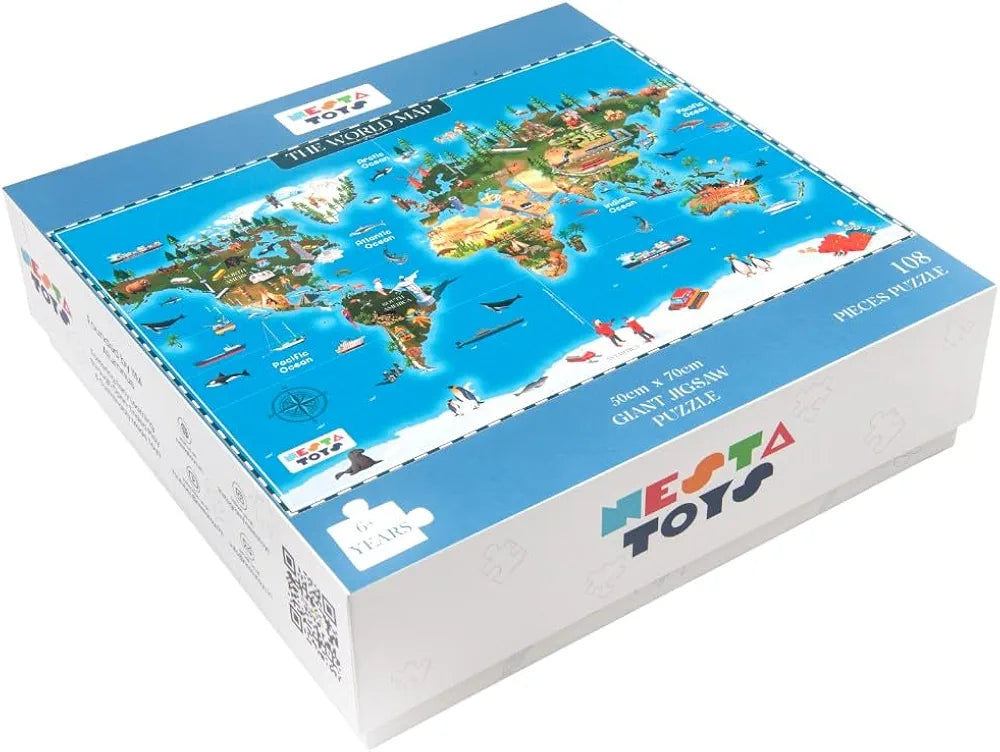 Nesta Toys Floor Puzzle & Game World Map Jigsaw Puzzle, Educational Toy Gifts for Boys & Girls Ages 6 to 14 Geography for Kids 108 pcs, 70 x 50 cm