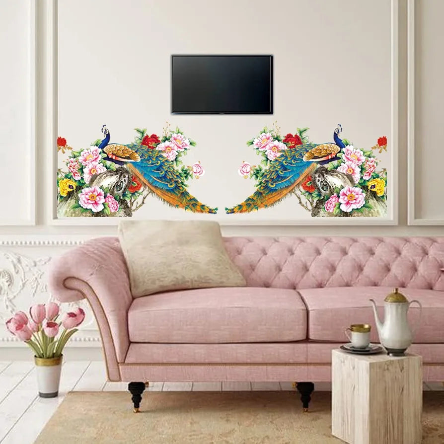 Rangoli New Modern Art Two Aesthetic Beautiful Peacocks Large Wall Sticker Size-50cm*70cm, PVC
