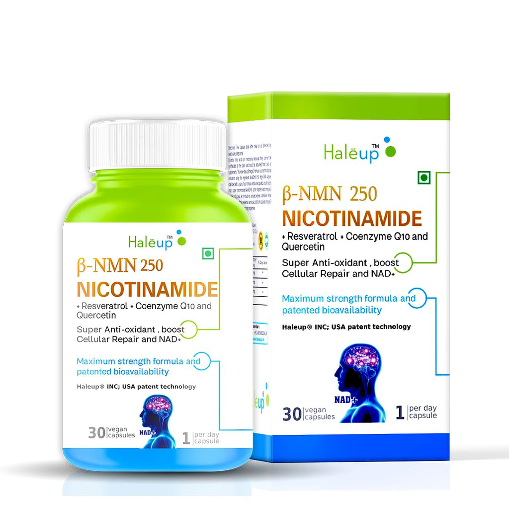 Haleup USA NMN 250 mg 3-in-1 Formula, Enriched with Resveratrol, Quercetin and CoQ10 |99.9% Pure |Healthy Ageing|Cellular Repair|Boost NAD+| Energy Levels| Skin Health
