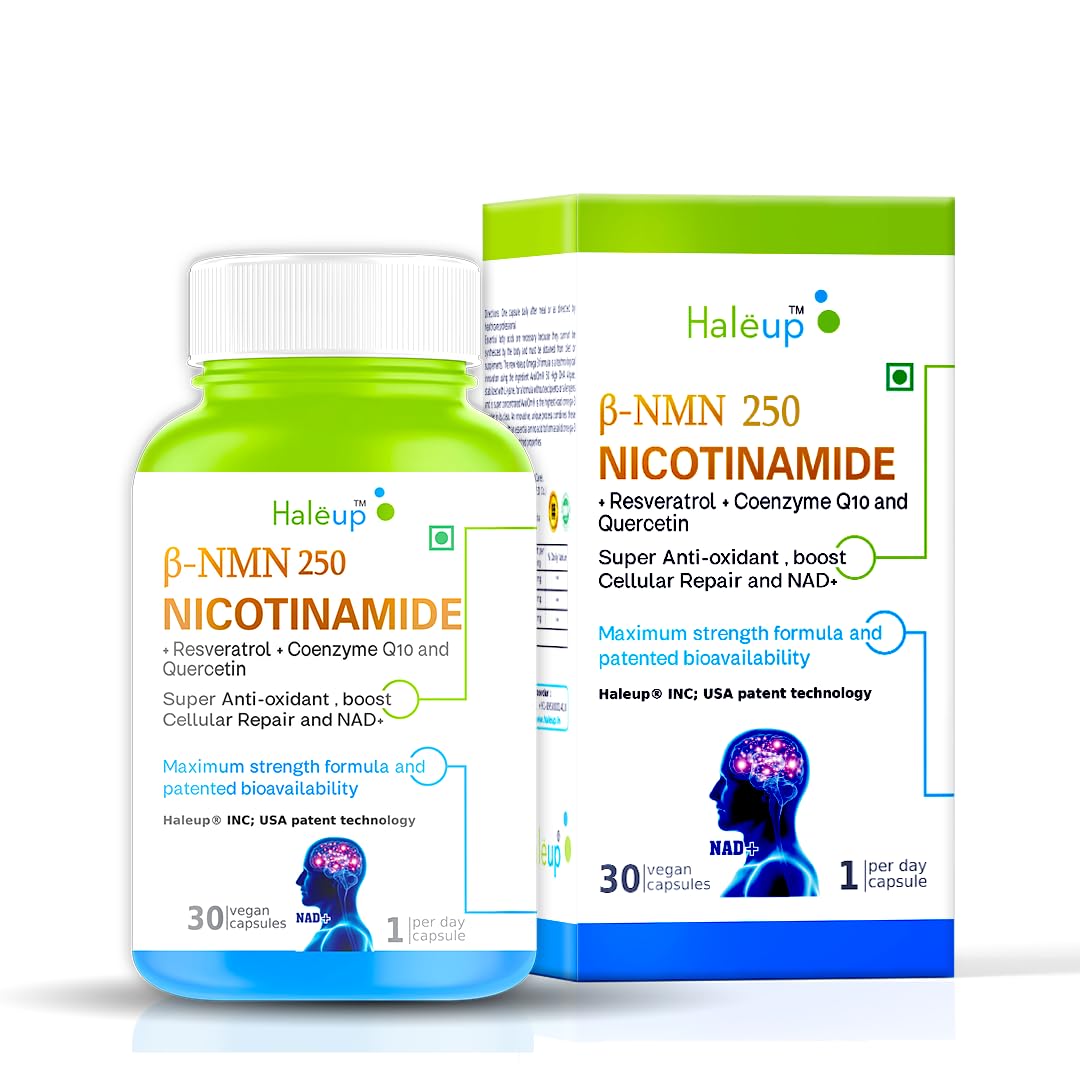 Haleup USA NMN 250 mg 3-in-1 Formula, Enriched with Resveratrol, Quercetin and CoQ10 |99.9% Pure |Healthy Ageing|Cellular Repair|Boost NAD+| Energy Levels| Skin Health
