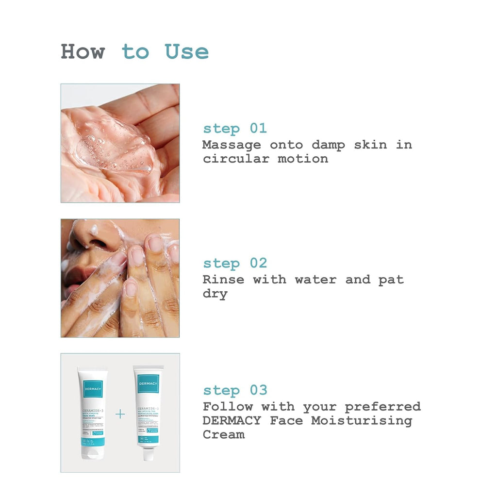 Dermacy Ceramide - 3 Gentle Cleansing Face Wash | Barrier - Strengthening Face Wash That Helps Rinse Toxins & Make Skin Soft | 3 - Essential Ceramides + 2.5% Hyaluronic Acid Complex + ThermoActiv Spring Water|For Sensitive Skin|100ml