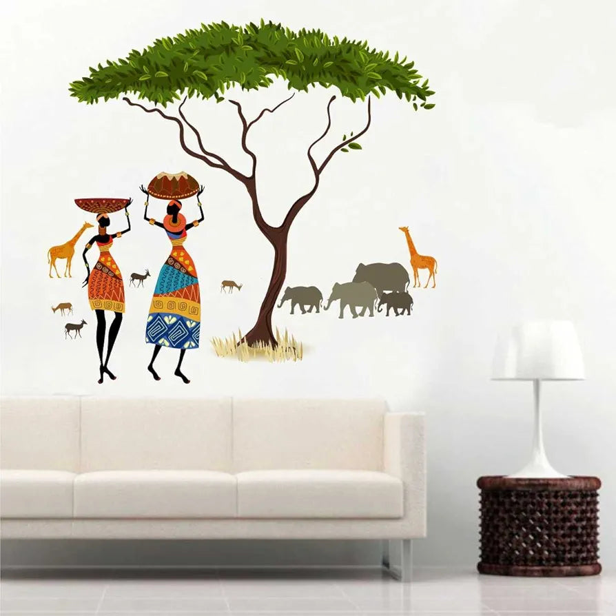 Rawpockets Decal African Jungle Artistic Tribal Ladies with Animal Nature Story Wall Sticker