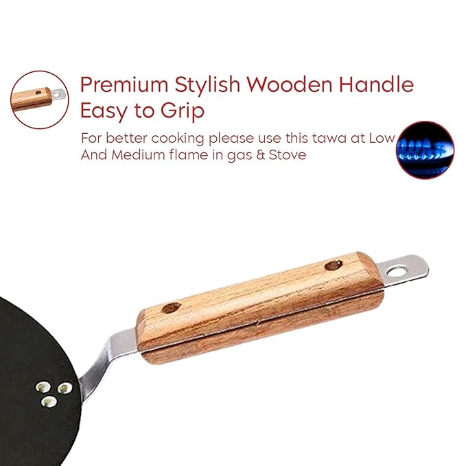 Femora 10 Inchs Iron Concave Tawa With Wooden Handle | Tawa for Roti | Gas Stovetop Compatible
