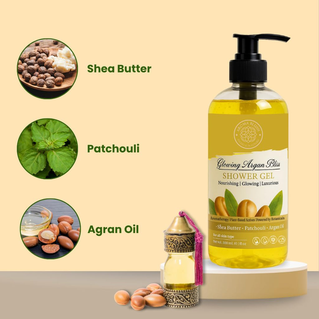 Aromablush - Glowing Argan Bliss Shower Gel | Shea Butter, Argan Oil, Patchouli, Vitamin E | Deep Moisturizing, Anti-Aging | Sulfate-Free, Paraben-Free | Rich Lather, Earthy Fragrance | 300ml