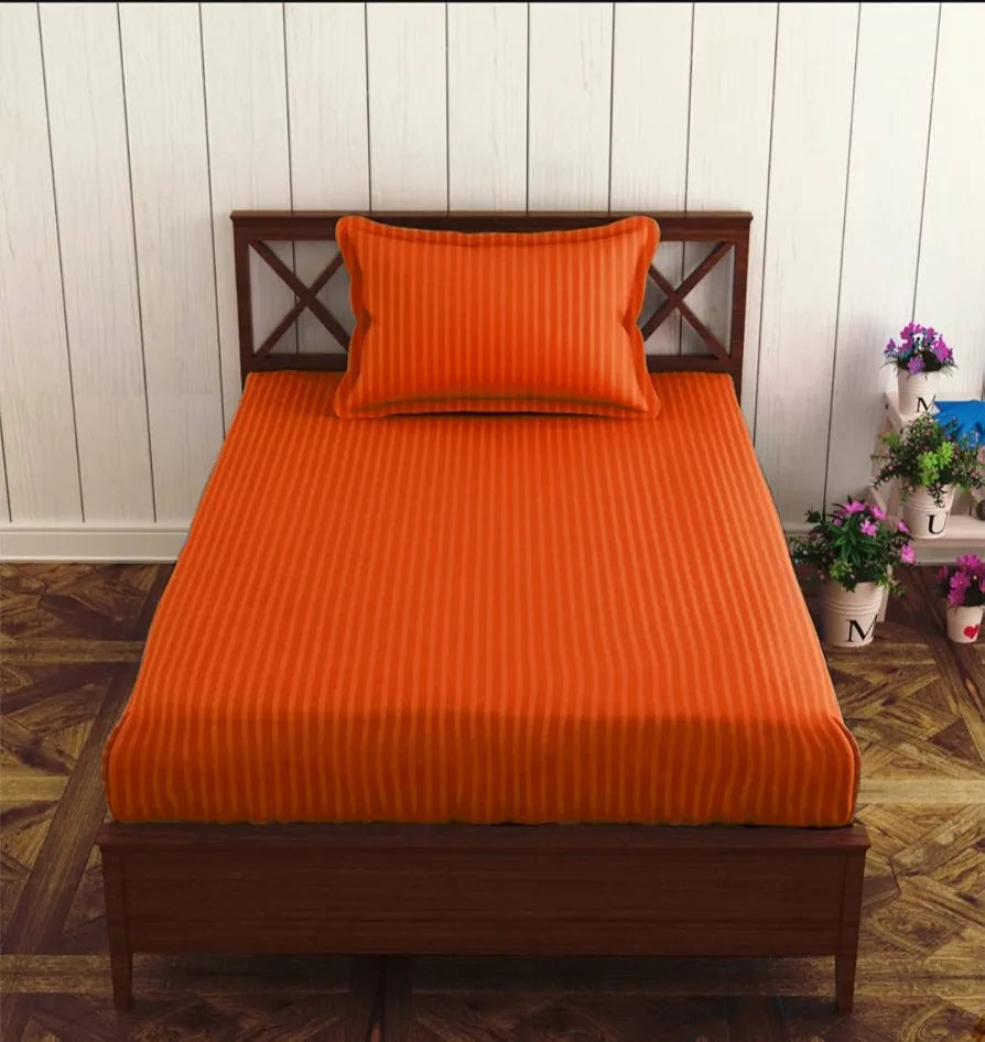 Trance Home Linen 100% Cotton 78x36 inch Single Fitted 200TC Satin Stripe Elastic Fitted Bedsheet with 1 Pillow Covers Colour Orange
