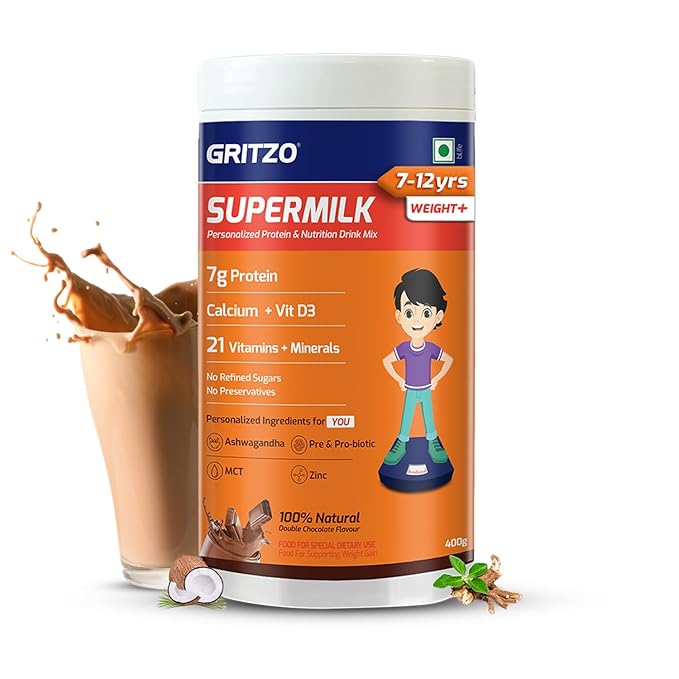 Gritzo SuperMilk Weight+ (7-12y) 7g Protein Powder Double Chocolate - 400 gms